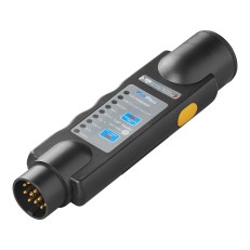 13 pin plug tester – side view displaying black and yellow design with LED indicators and test button