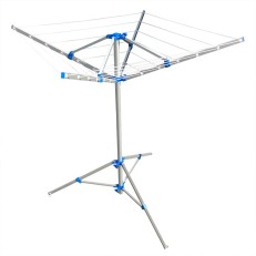 Camping torktumlare med stativ – roterande design i blått och silver, inkluderar 3 pinnar för upphängning.