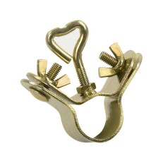 Vue de face – clamp en acier galvanisé avec levier en forme de cœur et vis de réglage, finition dorée et argentée.