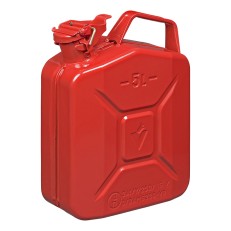 Benzinkanister 5L Metall rot – Seitenansicht mit UN-Kennzeichnung und Sicherheits Schnellverschluss.