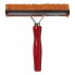 Car windscreen washer – front view with orange cleaning pad and wooden handle against a plain white background.