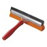 Car windscreen washer – front view with a red and orange painted rubber blade and a wooden handle.