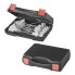 Tent peg set – top view showing metal screws, plastic hooks, and a black carrying case.