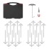 Tent peg set – top view featuring black plastic hooks and grey screw heads in a carrying case.