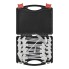 Tent peg set – top view showing metal screw heads and plastic hooks in a black carrying case against a white background.