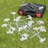 Tent peg set – top view showing metal screws, plastic hooks, and a green carrying case on grass.