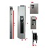 Side panel lock – front view showing black handle and silver anodized aluminum with integrated 350 mm stop on the right.