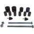 DDR trailer repair kit – top view featuring various black rubber bushings and silver metal bolts on a plain white background.