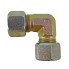 Elbow fitting – top view showing 90-degree elbow and two hex union nuts in gold and silver galvanized steel.