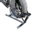 Motorrad Standschiene – Seitenansicht in Schwarz mit Wippe und verstellbarem Hebelmechanismus.