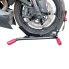 Support de moto noir – poignées en caoutchouc rouge – bras de support ajustables et cale-roue.