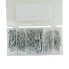 Assortimento di coppiglie a molla 150pz – varie dimensioni in acciaio galvanizzato in una scatola trasparente.