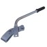 Handbrake lever – side view showing rubber grip, curved silver lever, and black mounting bracket.