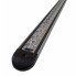 Angled view of the 2m airline anchor rail – silver aluminium with black rubber end caps and six mounting holes.