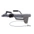 R+Co overrun hitch – side view showing handbrake lever up, rubber bellows, and breakaway cable in silver and black.