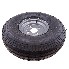 Top view of a complete wheel – 5.00-8 tire with 4 bolt holes and painted black and silver rim.