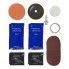 Vue de dessus – kit de polissage Gecko avec tampons, pâte et liquide protecteur UV, couleurs orange et noir.