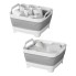 Foldable camping sink – front view in gray and white with two handles and a lockable bottom drain.