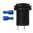 Zwart ingebouwd stopcontact 12V/24V max 10A – met twee blauwe connectors en een diameter van 38mm.