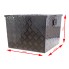 Aluminum storage box – front view showcasing diamond plate texture and lockable latch in silver color.